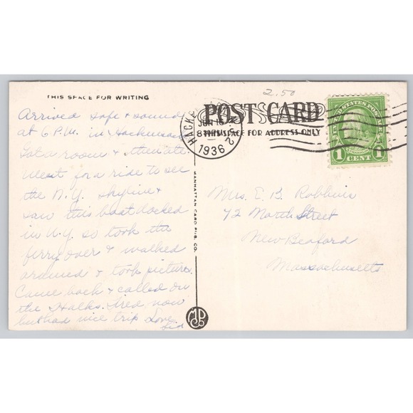 Vintage Postcard SS Normandie New York Skyline Aerial Explorations Inc NYC 1936 - Picture 2 of 2